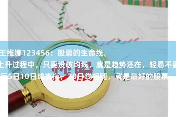 倍选网配资 王维娜123456：股票的生命线。
一只股票在上升过程中，只要没破均线，就是趋势还在，轻易不要卖出该股票。
日K线周K线，震荡上行5日10日线支撑，20日线相随，就是最好的股票，非常难得，机不可失。
一般情况下，